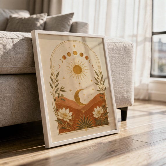 Celestial sun and moon wall art print in a white frame leaning against a gray sofa on a sunlit wooden floor.