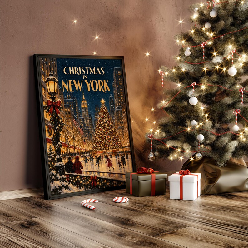 Christmas in New York Wall Art, Vintage NYC Holiday Cityscape Poster, Rockefeller Tree Ice Skating Art Print Bild 9