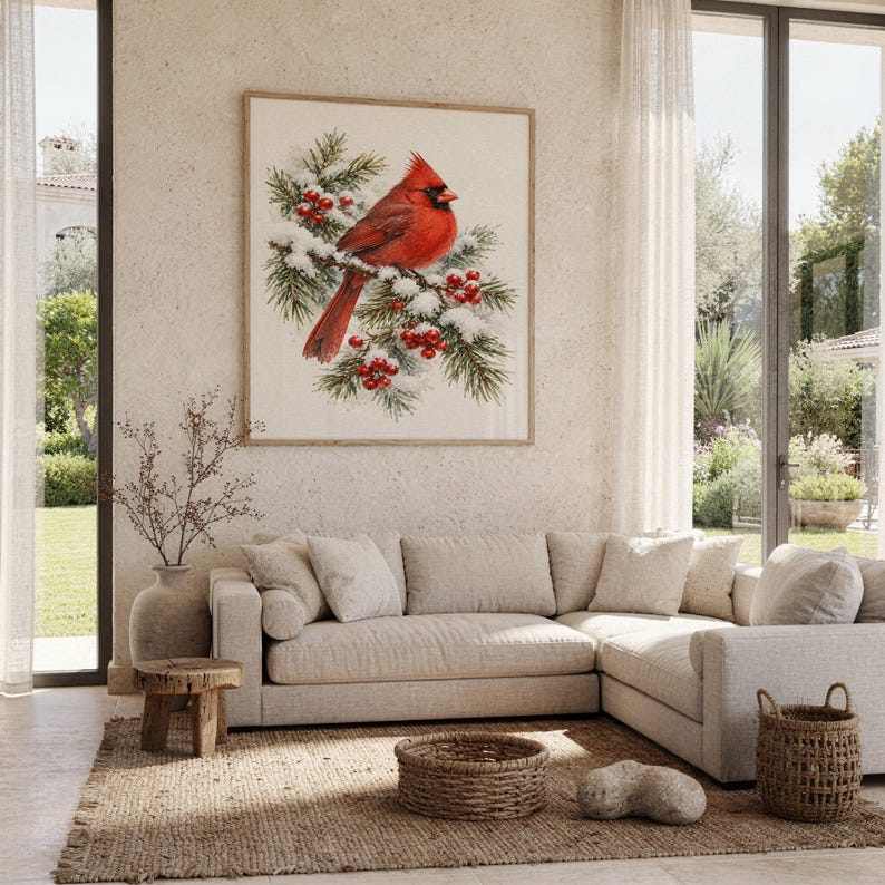 Red Cardinal Winter Wall Art, Watercolor Snowy Pine Bird Poster, Christmas Nature Art Print bild 14