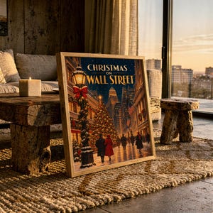 Christmas on Wall Street Vintage Wall Art, New York City Holiday Poster, Retro Winter Art Print image 5