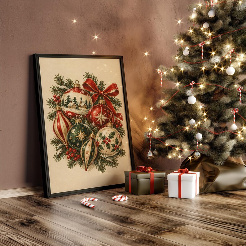 Vintage Christmas Ornaments Wall Art, Rustic Holiday Decor Poster, Red Green Botanical Art Print zdjęcie 10