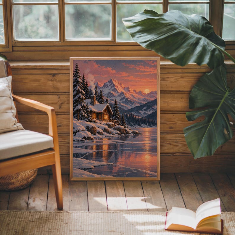 Winter cabin mountain wall art print leaning against warm wood paneling beside a wooden armchair and a monstera plant.