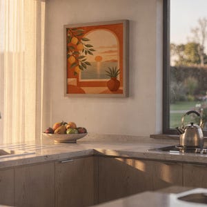 Mediterranean lemon and sea view arch print hanging in a high-rise apartment living room with a city skyline view.