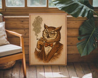 Plakat na ścianę z sową vintage, retro ilustracja sowy dżentelmena do biura