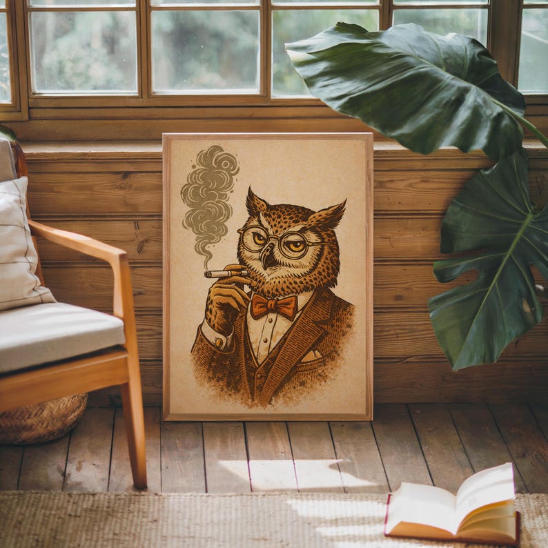 A framed print of an owl in a brown suit, red bow tie, and glasses, smoking a cigar with smoke curling up, rests on a wooden floor next to a chair and a large green plant.