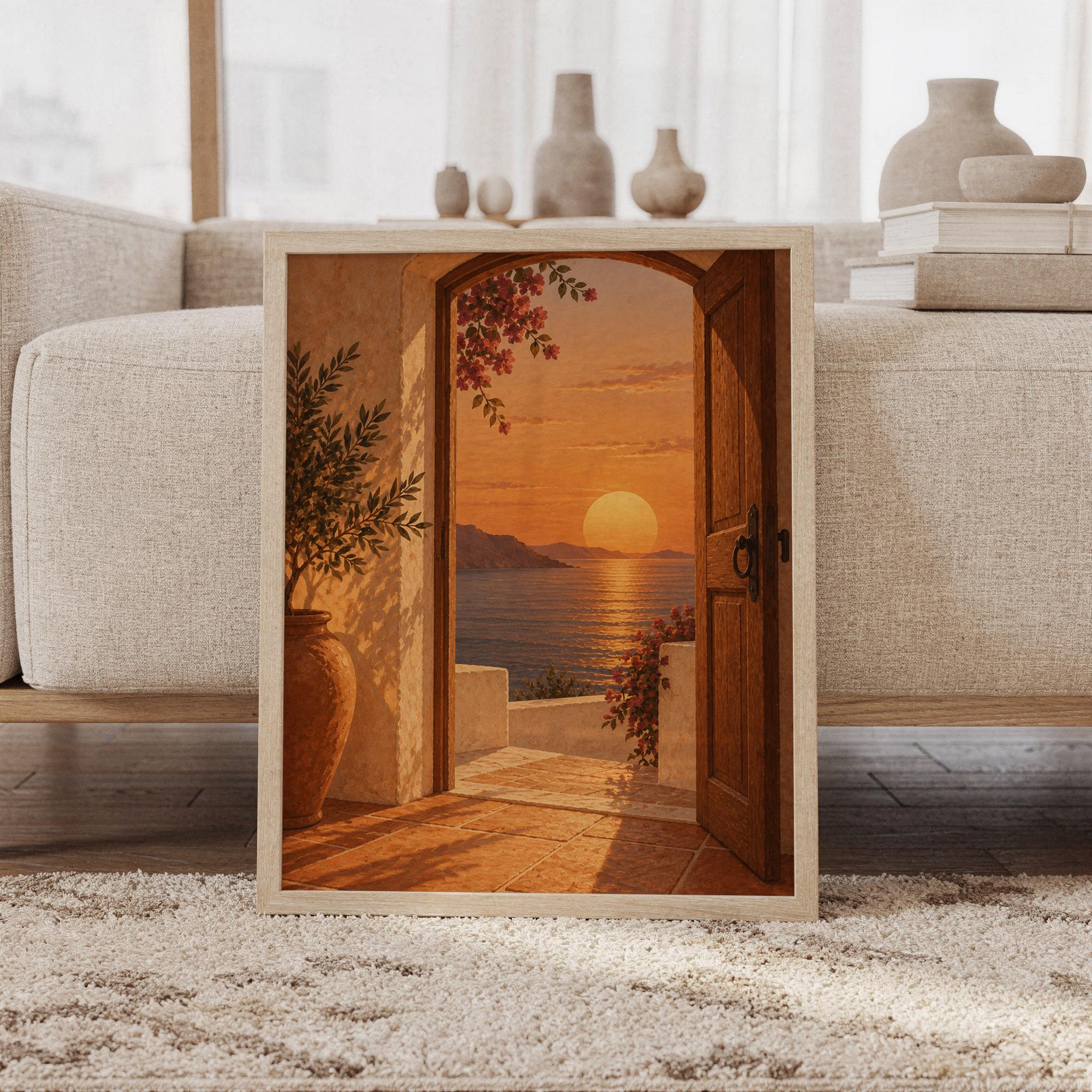 Mediterranean sunset doorway wall art print featuring warm terracotta walls, a rustic wooden arched door, flowering bougainvillea, olive branches, and a glowing sun over the coastal sea, framed and leaning against a beige sofa on a textured rug in a bright Scandinavian living room.