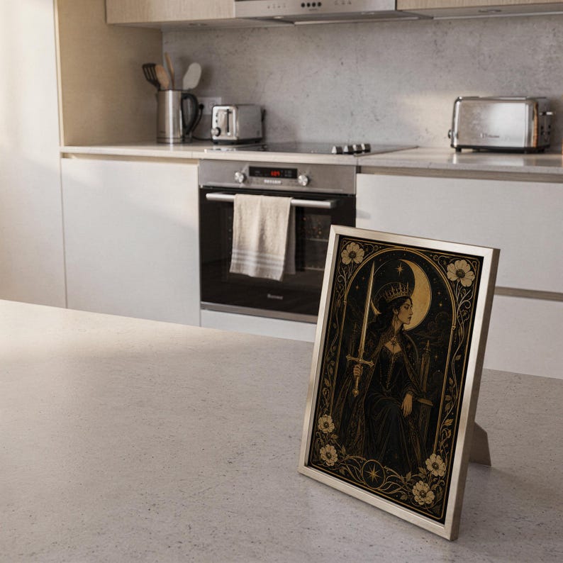 Gothic moon queen wall art print framed and displayed in a modern home interior.