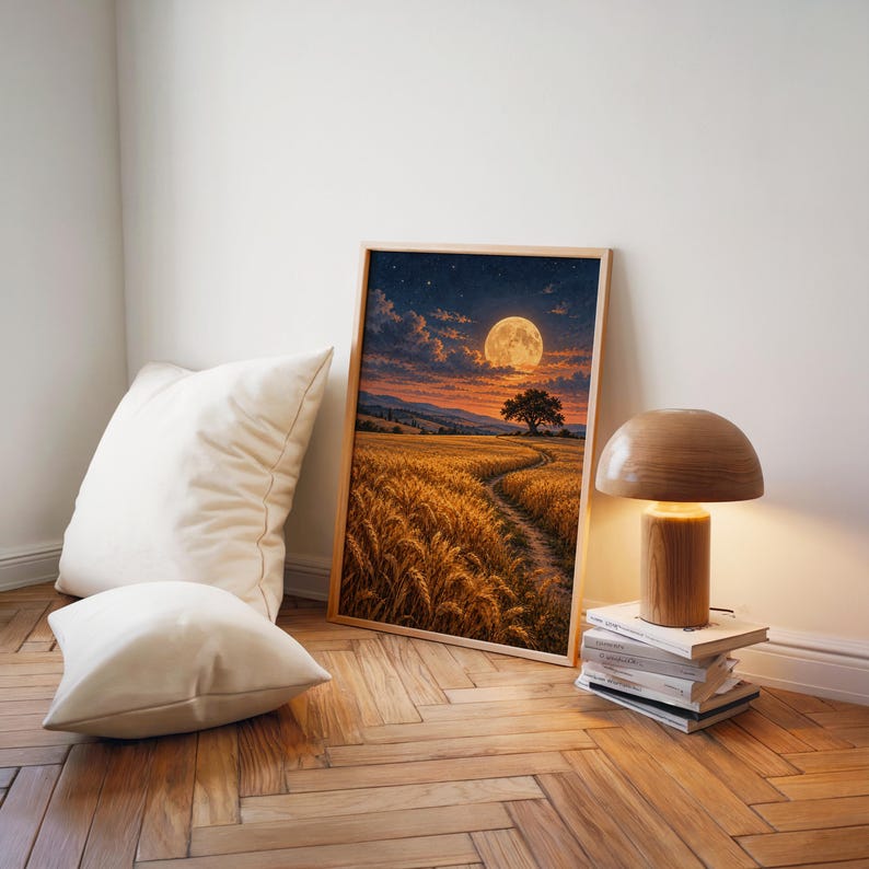 Moon wall art print leaning on a herringbone wood floor beside cream cushions and a wooden mushroom lamp.