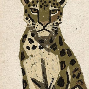 A textured illustration of a leopard with green, brown, and beige markings, sitting upright and facing forward.