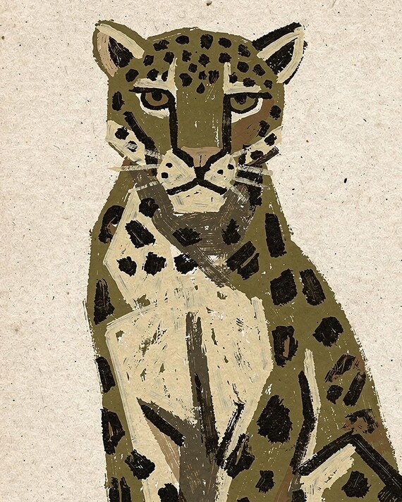 A textured illustration of a leopard with green, brown, and beige markings, sitting upright and facing forward.