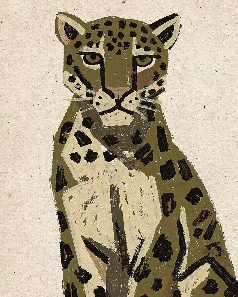 A textured illustration of a leopard with green, brown, and beige markings, sitting upright and facing forward.