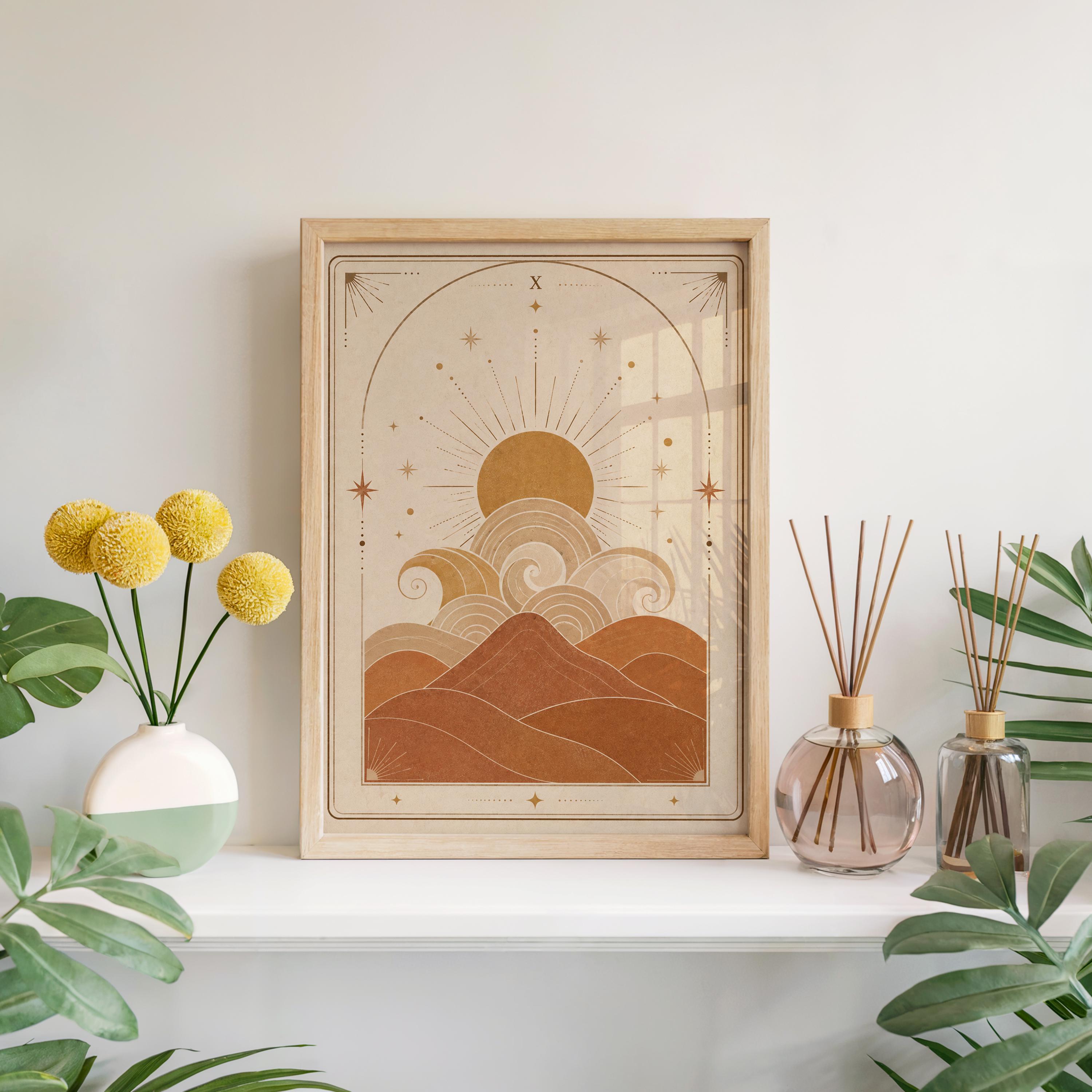 Terracotta boho waves and sun tarot card poster framed on white shelf with yellow flowers and room diffuser.