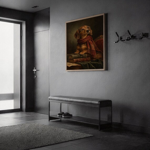 Dachshund wall art print in a silver frame leaning against a sofa beside a decorative marble sphere.