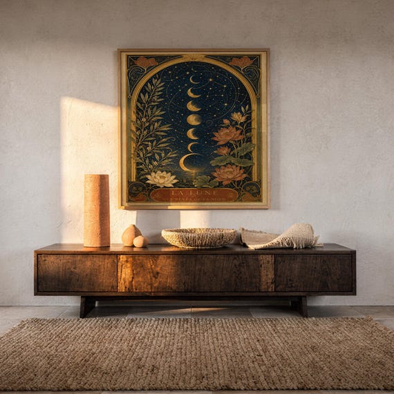 Moon phase wall art print hanging above a dark wood console and jute rug in a warm neutral interior.