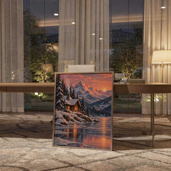 Winter cabin mountain wall art print standing on a wooden desk in a home office in warm evening light.
