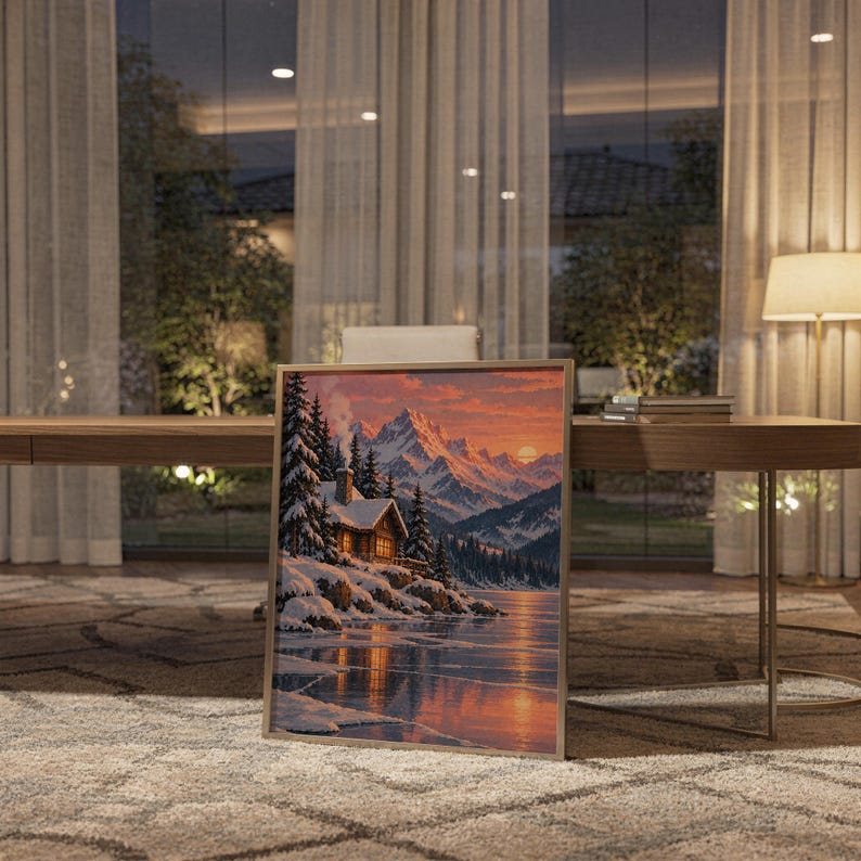 Winter cabin mountain wall art print standing on a wooden desk in a home office in warm evening light.