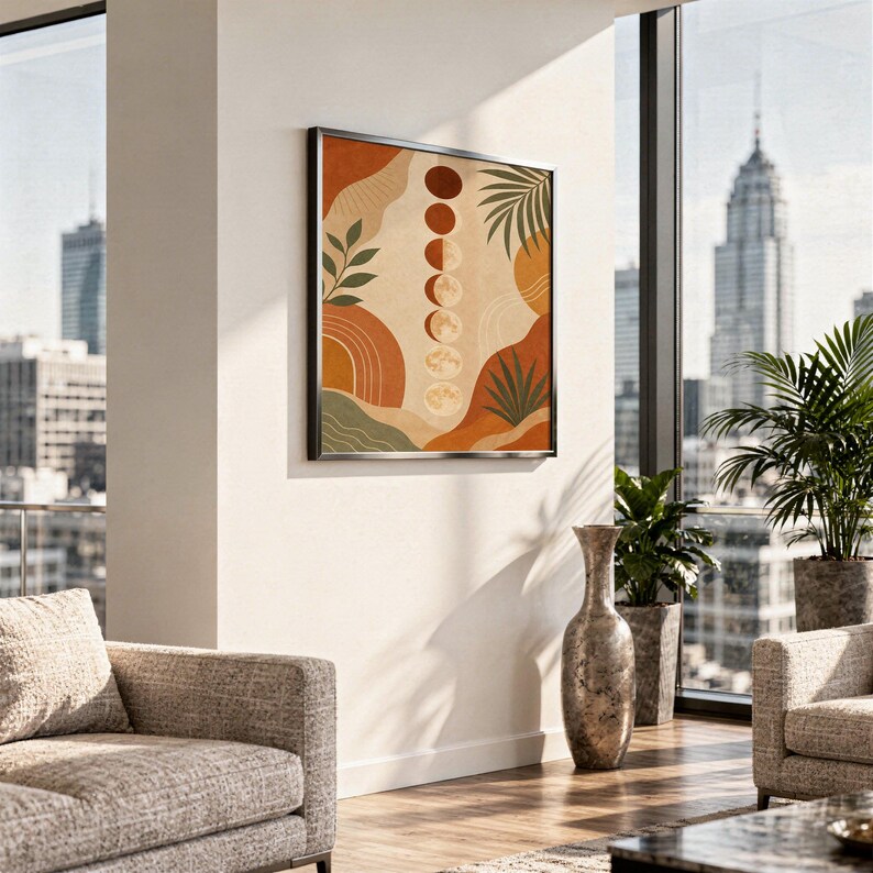 Boho moon phases art print hanging above a stone countertop with a fruit bowl in a sunny kitchen.