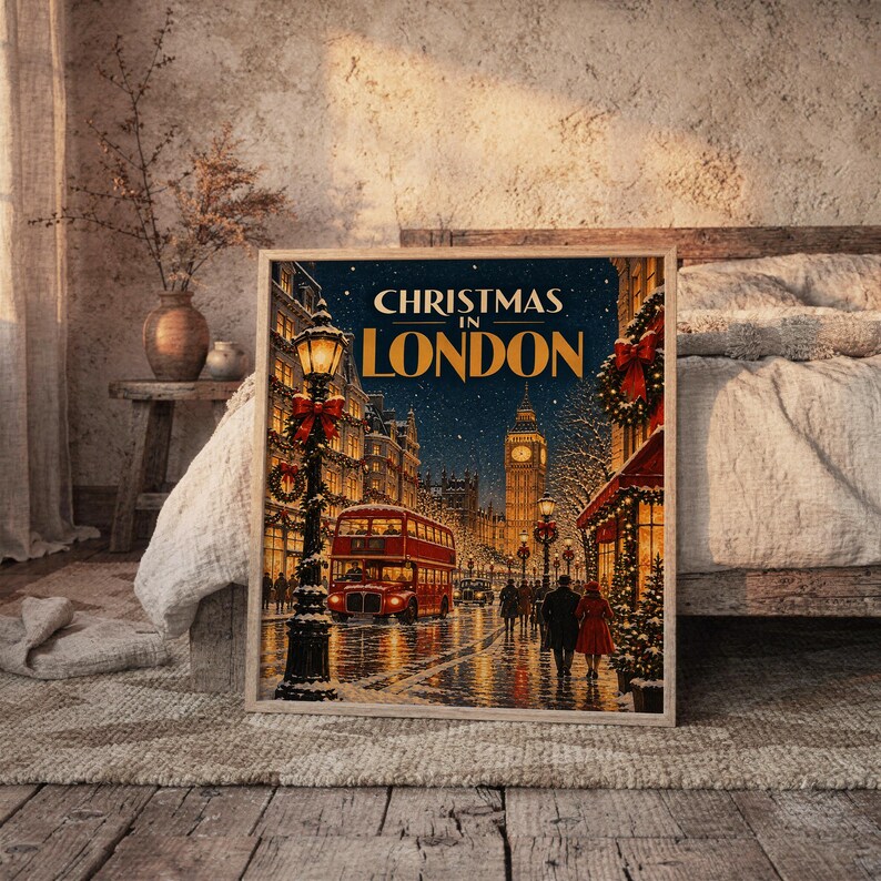 Decorazione murale "Natale a Londra", poster di viaggio vintage, stampa del Big Ben e del bus rosso. immagine 3