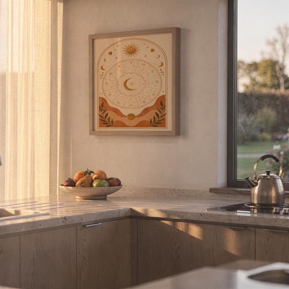 Zodiac wheel wall art print hanging above a stone countertop with a fruit bowl in a sunny kitchen.