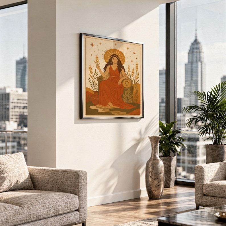 Celestial goddess wall art print hanging in a high-rise apartment living room with a city skyline view.