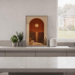 Moonlit Mediterranean arch print hanging in a high-rise apartment living room with a city skyline view.