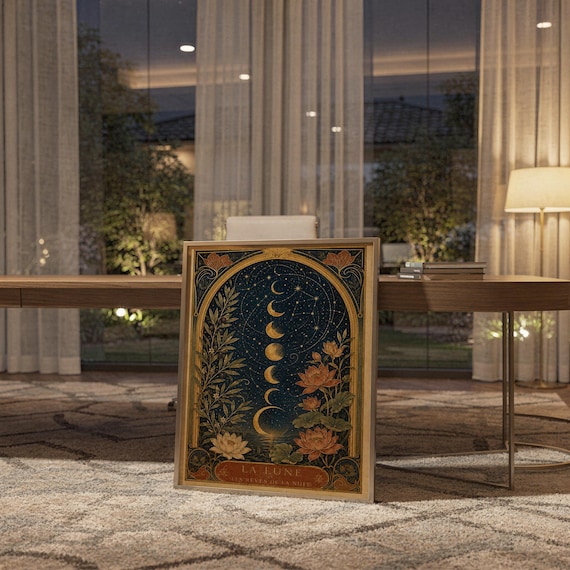 Moon phase wall art print standing on a wooden desk in a home office in warm evening light.