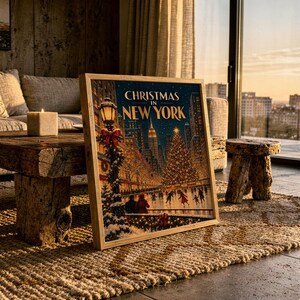 Christmas in New York Wall Art, Vintage NYC Holiday Cityscape Poster, Rockefeller Tree Ice Skating Art Print Bild 6