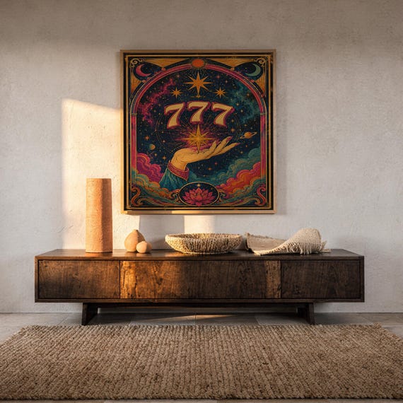777 angel number wall art print hanging above a dark wood console and jute rug in a warm neutral interior.