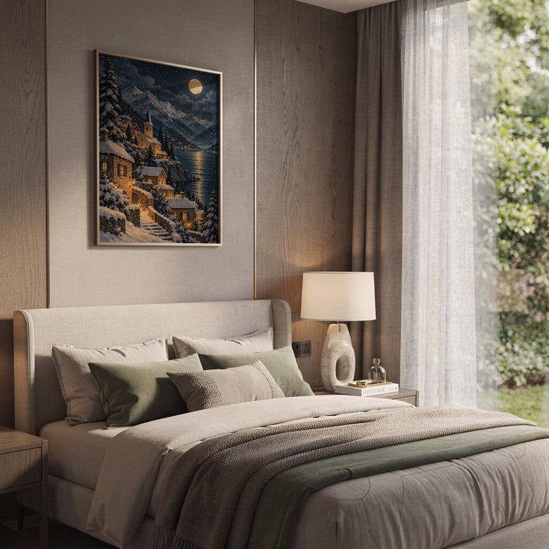 Print size guide for the snowy mountain village wall art print: framed examples in 12x16, 16x20, 18x24, 23.4x33.1 and 24x36 inches on a warm beige wall above a cream sofa; 14 sizes available from 5x7 to 36x48 inches, prints ship unframed.