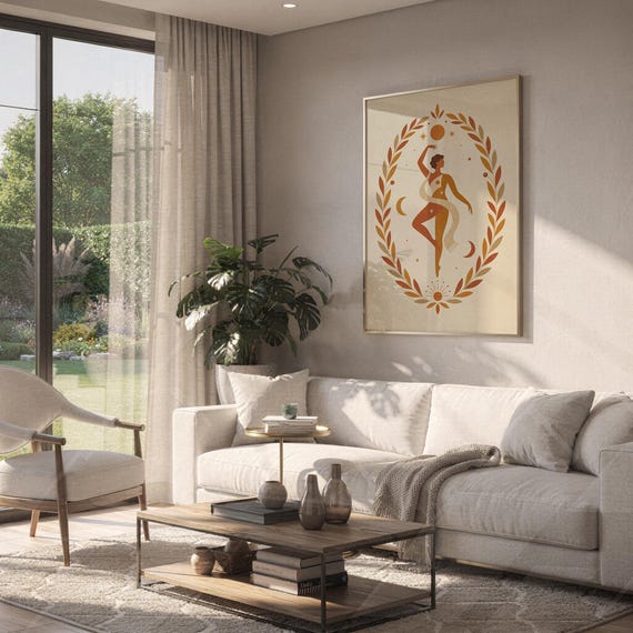 Terracotta celestial dancer art hanging on a bright living room wall above a modern sofa and coffee table with houseplants.
