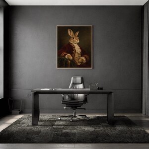 Regal rabbit portrait wall art print framed and displayed in a modern home interior.