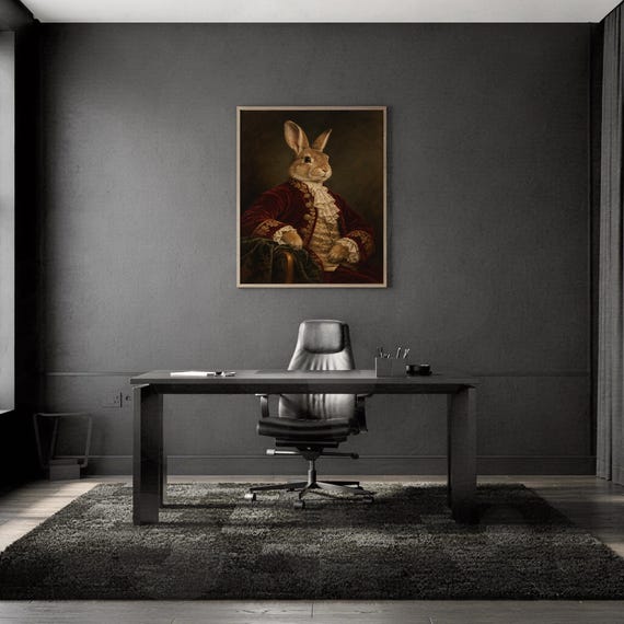 Regal rabbit portrait wall art print framed and displayed in a modern home interior.