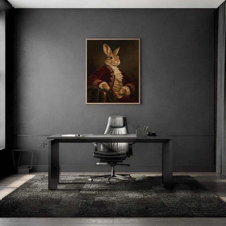 Regal rabbit portrait wall art print framed and displayed in a modern home interior.