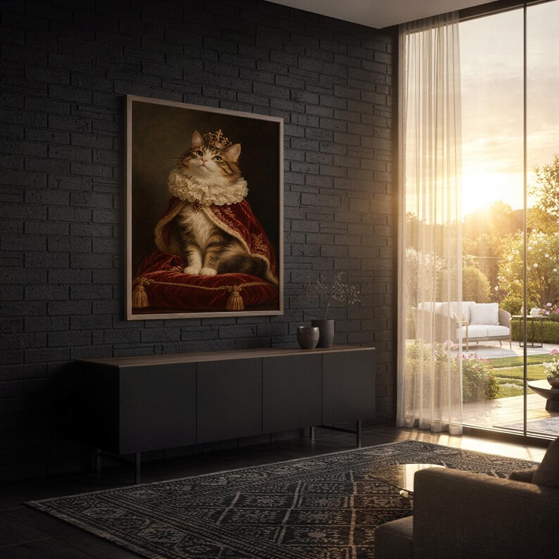 Royal cat portrait wall art print standing on a wooden desk in a home office in warm evening light.