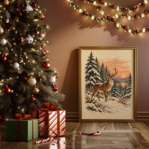Winter Deer Wall Art, Snowy Forest Sunset Wildlife Art Print, Rustic Cabin Poster Bild 13