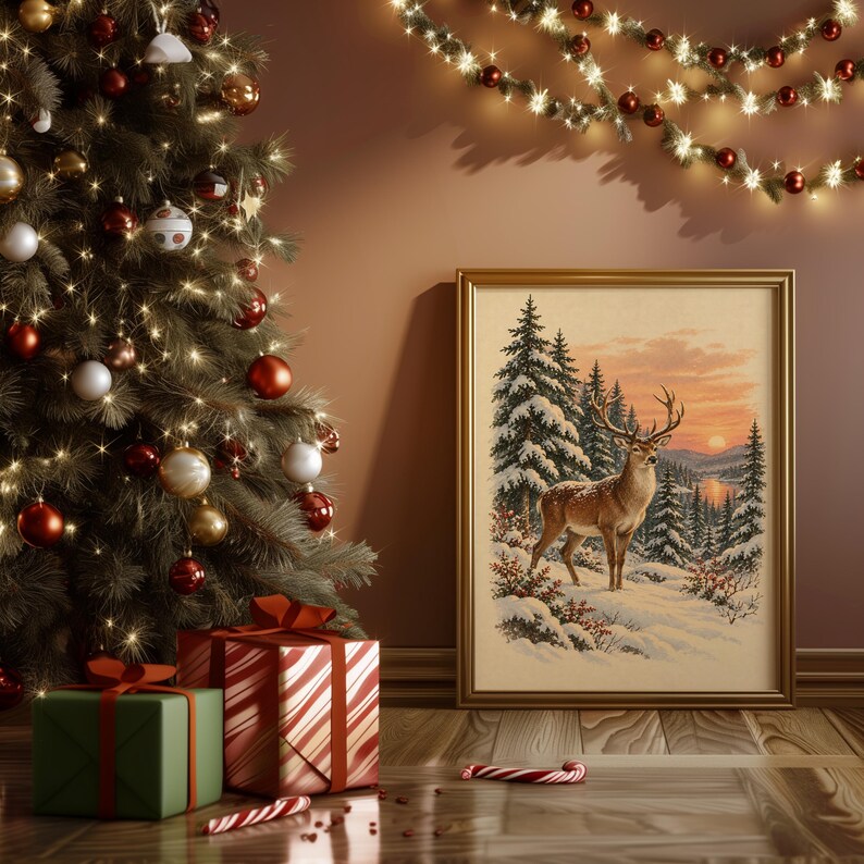 Winter Deer Wall Art, Snowy Forest Sunset Wildlife Art Print, Rustic Cabin Poster Bild 13