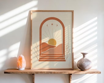 Desert Sun Wall Art, Terracotta Arch Poster, Boho Landscape Print, Mid Century Decor