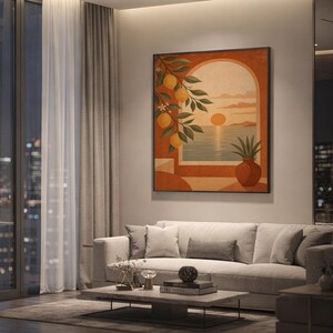 Mediterranean lemon and sea view arch print showing a arched window opening onto a sunset sea, framed by hanging lemons, with a rustic clay vase in terracotta, ochre and olive tones, hanging above a light gray sofa in a modern living room with evening city views through tall windows.