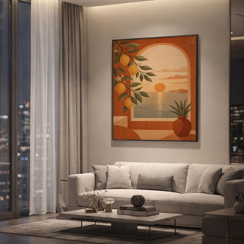 Mediterranean lemon and sea view arch print showing a arched window opening onto a sunset sea, framed by hanging lemons, with a rustic clay vase in terracotta, ochre and olive tones, hanging above a light gray sofa in a modern living room with evening city views through tall windows.