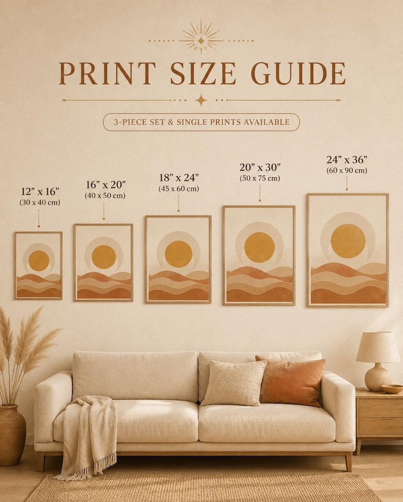Print size guide for celestial moon phases wall art showing frame dimensions