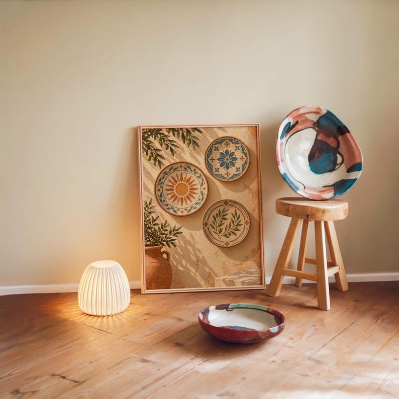 Mediterranean ceramic plate wall art print leaning against a warm beige wall on a wooden floor beside a stool and a glowing lamp.