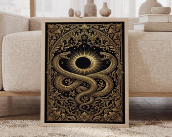 May include: A rectangular framed wall art piece featuring a black background with intricate gold filigree patterns. Two snakes are intertwined in the center, facing a central golden sun and moon eclipse symbol, surrounded by small alchemical symbols.