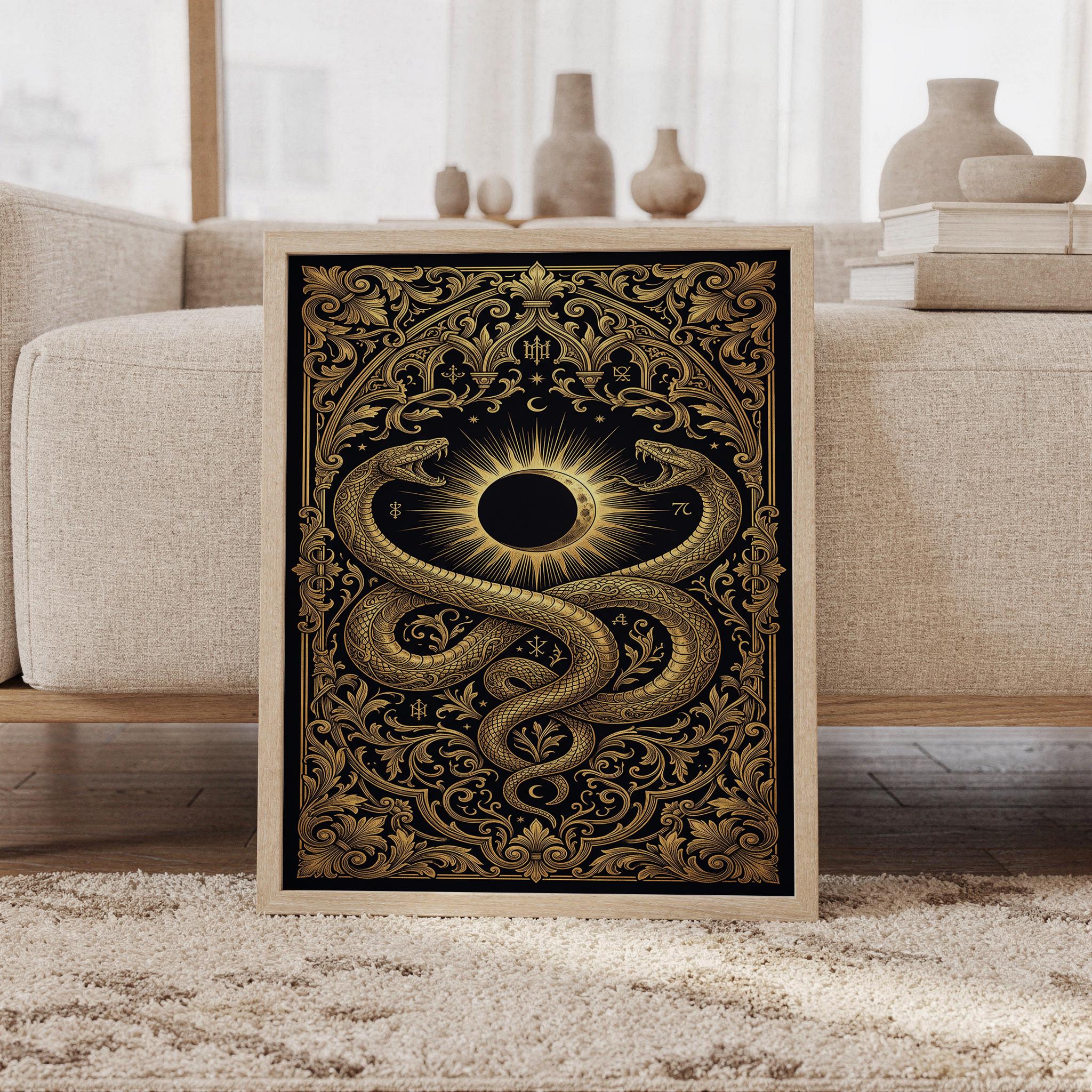 Occult snake wall art print featuring intricate antique gold serpents, a glowing solar eclipse, celestial symbols, and ornate baroque scrollwork on a deep black background, framed and leaning against a beige sofa on a textured rug in a bright Scandinavian living room.