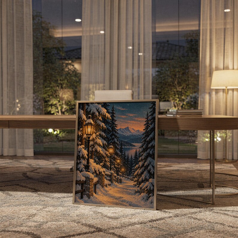 Snowy forest path wall art print standing on a wooden desk in a home office in warm evening light.