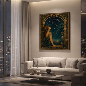 Celestial woman wall art print hanging above a light gray sofa in a modern living room with evening city views through tall windows.