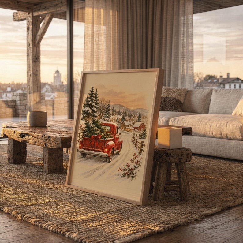Vintage Red Truck Christmas Wall Art, Snowy Farmhouse Winter Poster, Holiday Tree Art Print zdjęcie 11