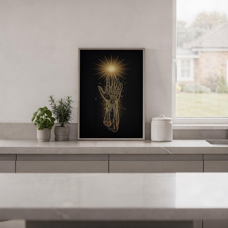 Celestial hand wall art print standing on a white kitchen counter beside potted herbs.