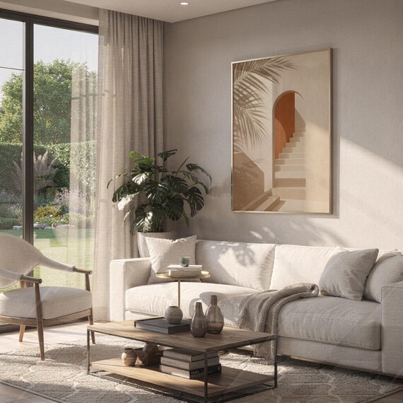 Boho architecture arch wall art hanging above sofa in modern sunlit living room