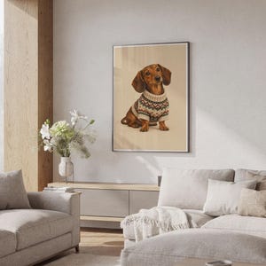 Dachshund sweater wall art print hanging in a high-rise apartment living room with a city skyline view.