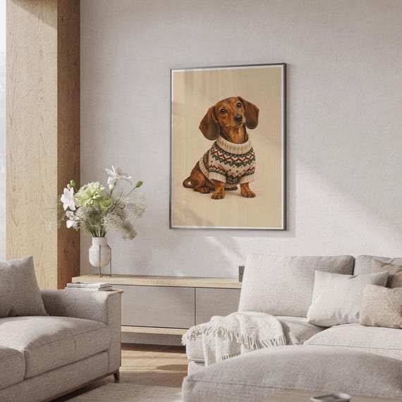 Dachshund sweater wall art print hanging in a high-rise apartment living room with a city skyline view.